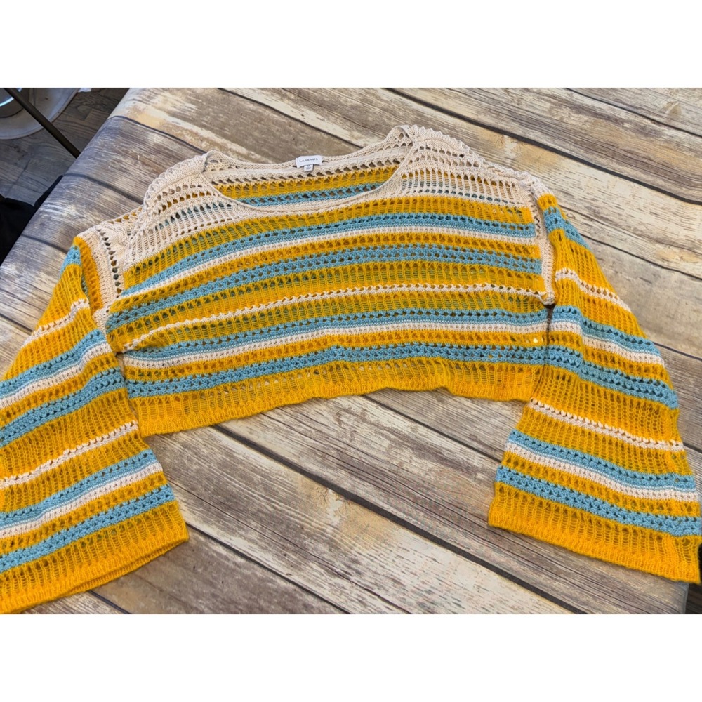 Striped Open Knit Crochet Crop Sweater Bell Sleeve Medium Boho Festival Layering
